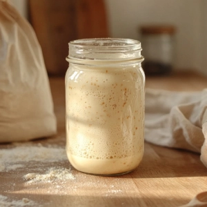 The lifecycle of sourdough discard: fresh discard, spoiled discard with hooch and mold, proper storage in labeled jars, and creative uses like crackers and pancakes.