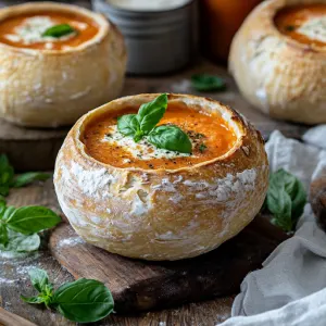 A sourdough bread bowl filled with tomato soup, surrounded by bread-making tools.