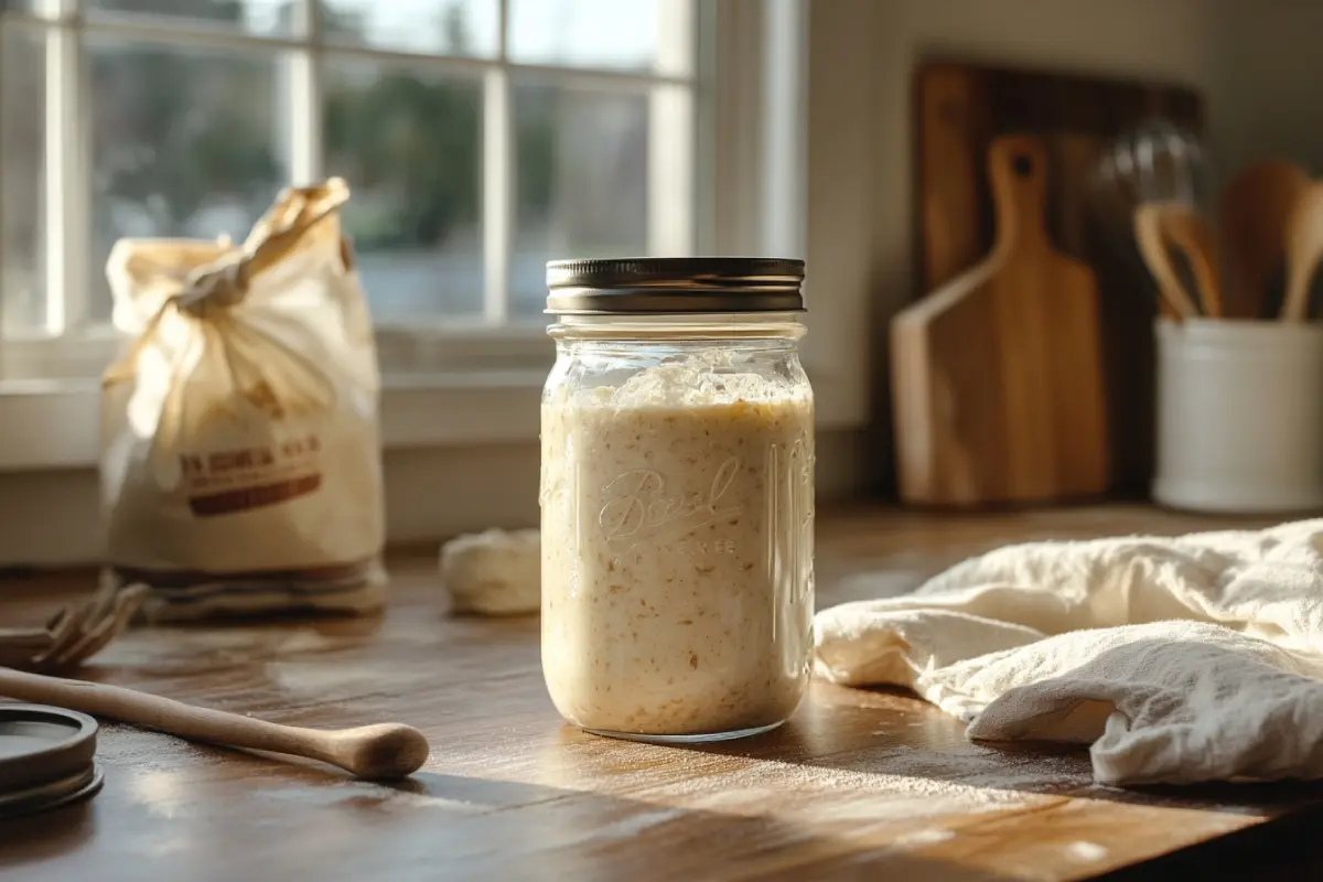 A jar of fresh sourdough discard on a kitchen counter surrounded by baking tools and ingredients.