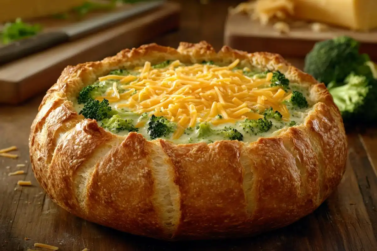 Fresh sourdough bread bowl filled with broccoli cheddar soup on a rustic table.