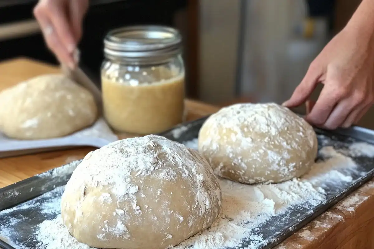 DIY-Sourdough-Bowl-Process Hands shaping sourdough dough into boules with tools on a floured surface.
