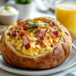 A brunch bread bowl filled with scrambled eggs, bacon, and cheese on a breakfast table.