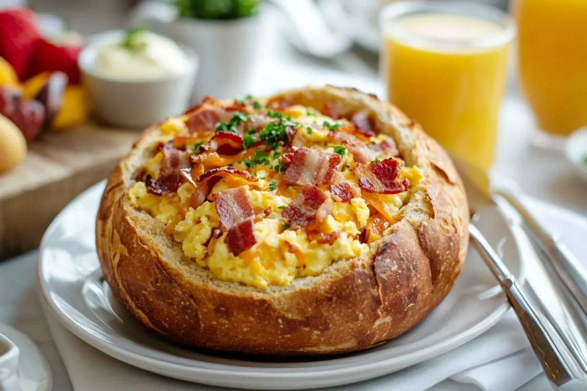 Creative-Bread-Bowl-Fillings A brunch bread bowl filled with scrambled eggs, bacon, and cheese on a breakfast table.