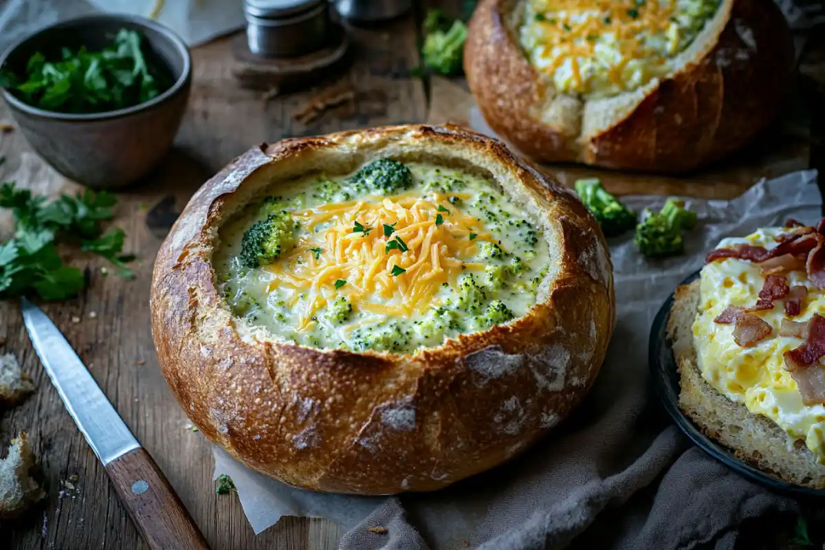 A sourdough bread bowl filled with broccoli cheddar soup, surrounded by fresh ingredients.