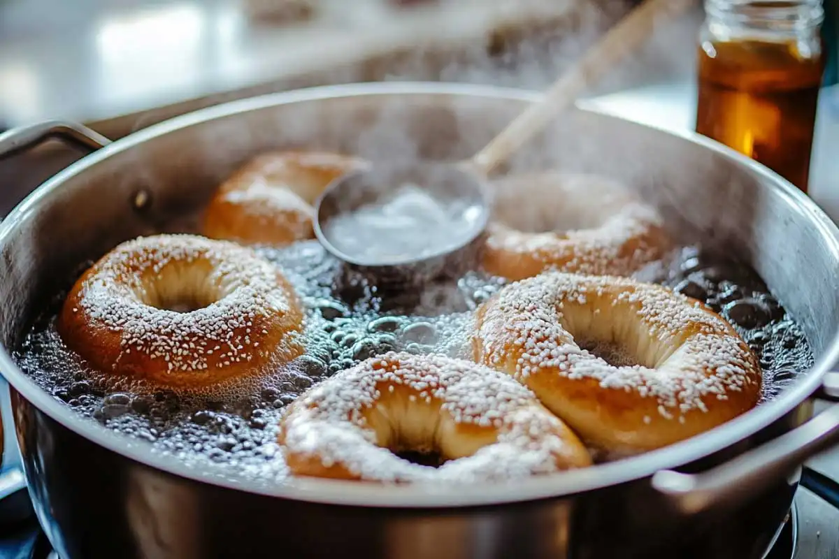 Boiling-Sourdough-Bagels Sourdough bagels being boiled in a pot of bubbling water.