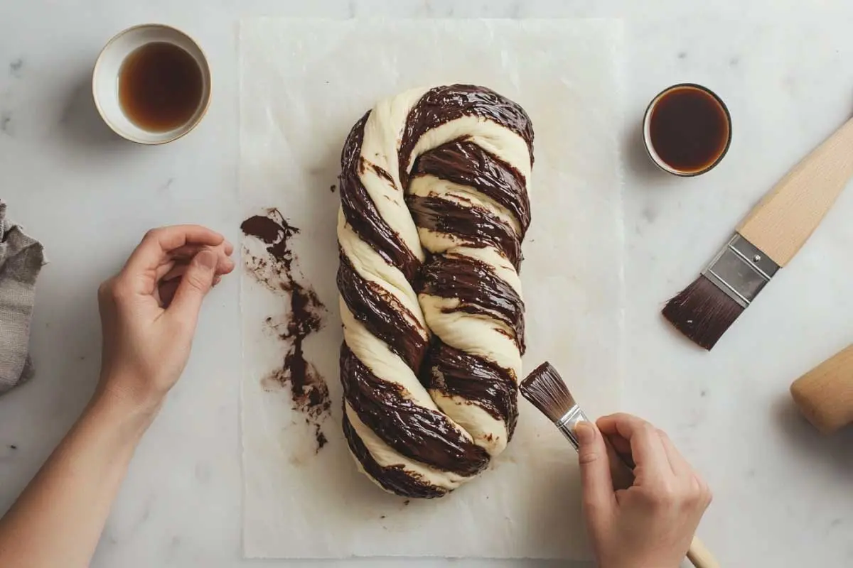 Braiding-Sourdough-Babka Hands braiding sourdough babka dough filled with chocolate swirls.
