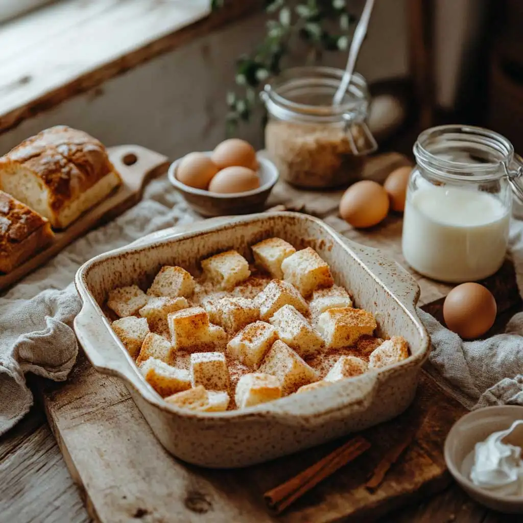 Cubed sourdough bread in a baking dish, surrounded by eggs, cream, and cinnamon for making bread pudding.