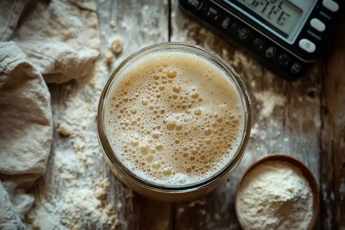 A jar of sourdough starter with bubbles on a wooden countertop, surrounded by flour and a measuring scale.