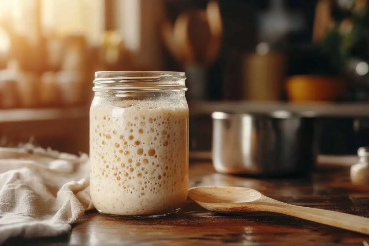 A jar of bubbly sourdough starter with a wooden spoon beside it, on a rustic kitchen counter.