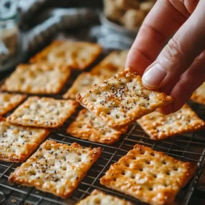A hand reaching for a crispy sourdough cracker from a cooling rack.
