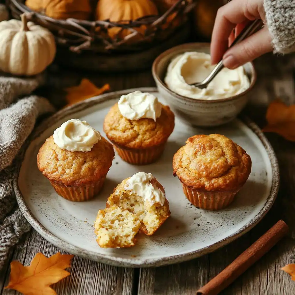 Warm sourdough pumpkin muffins served with cream cheese frosting.