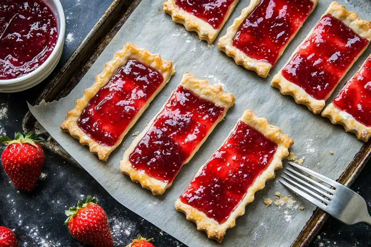 Filling-and-Assembling-Pop-Tarts Rectangles of dough with jam filling in the center, ready to be topped and sealed for baking.