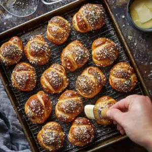 Home 20 Fresh sourdough discard pretzel bites cooling on a wire rack.