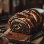 A freshly baked sourdough babka loaf with glossy swirls, showcasing rich chocolate layers.