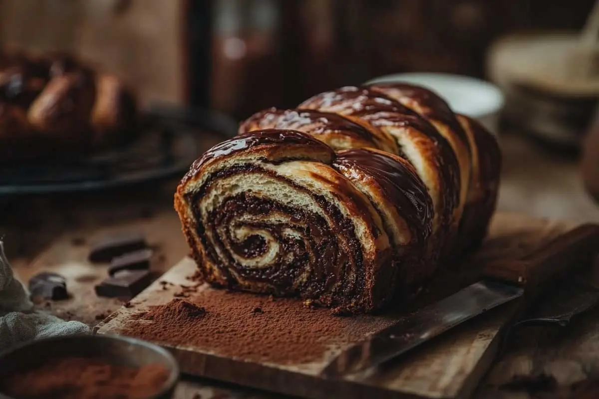 Freshly-Baked-Sourdough-Babka A freshly baked sourdough babka loaf with glossy swirls, showcasing rich chocolate layers.