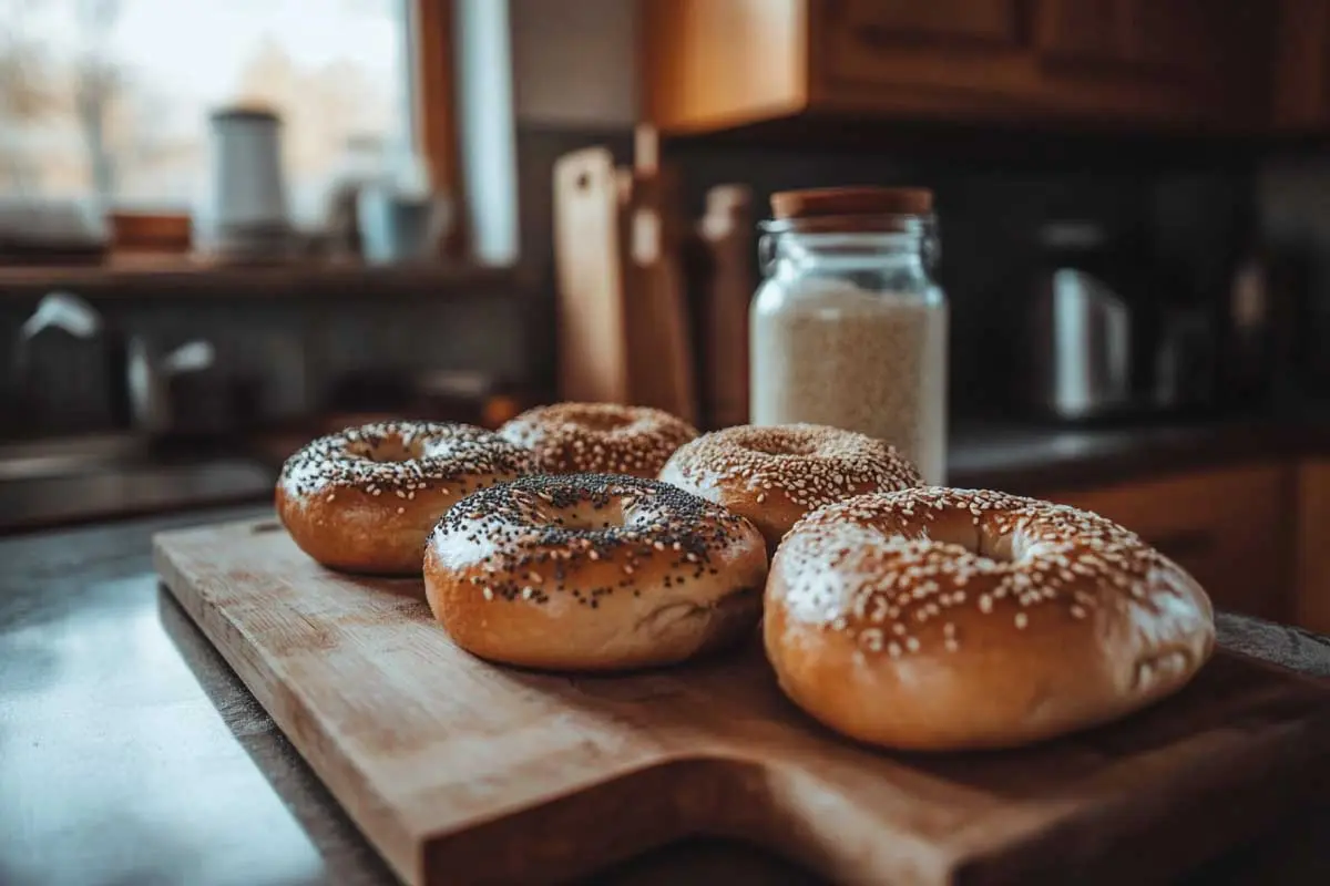 Golden sourdough bagels with various toppings on a wooden cutting board.