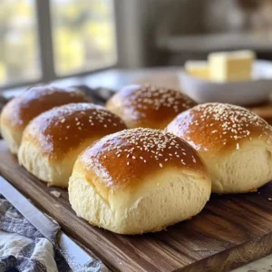 Home 18 Freshly baked sourdough discard hamburger buns on a wooden board.