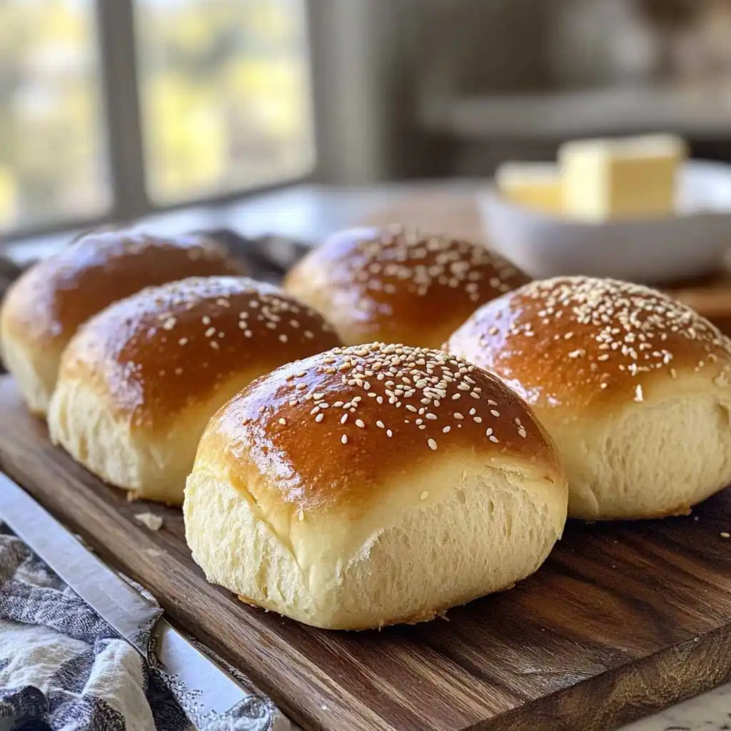 Freshly baked sourdough discard hamburger buns on a wooden board.