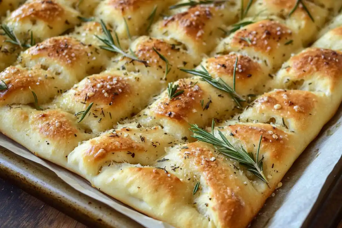 Golden-brown sourdough discard breadsticks topped with rosemary and Parmesan on a parchment-lined tray.