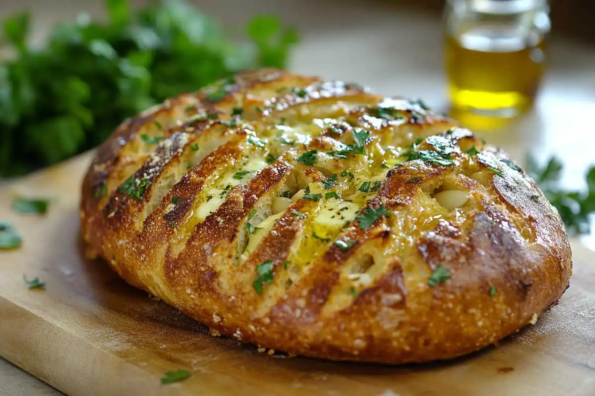 A freshly baked sourdough garlic bread loaf with golden crust and melted garlic butter in a cozy kitchen setting.