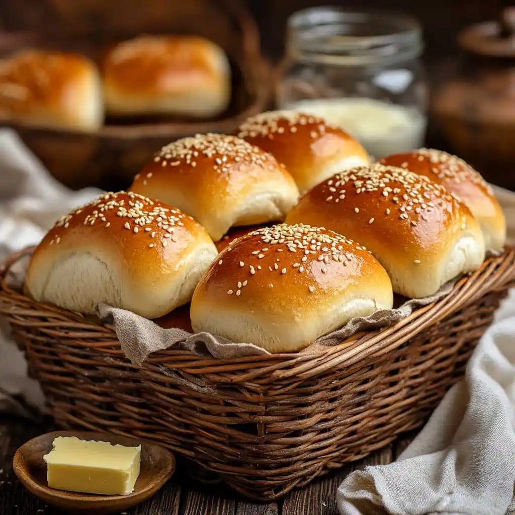 A basket of freshly baked sourdough hot dog buns with a golden crust.