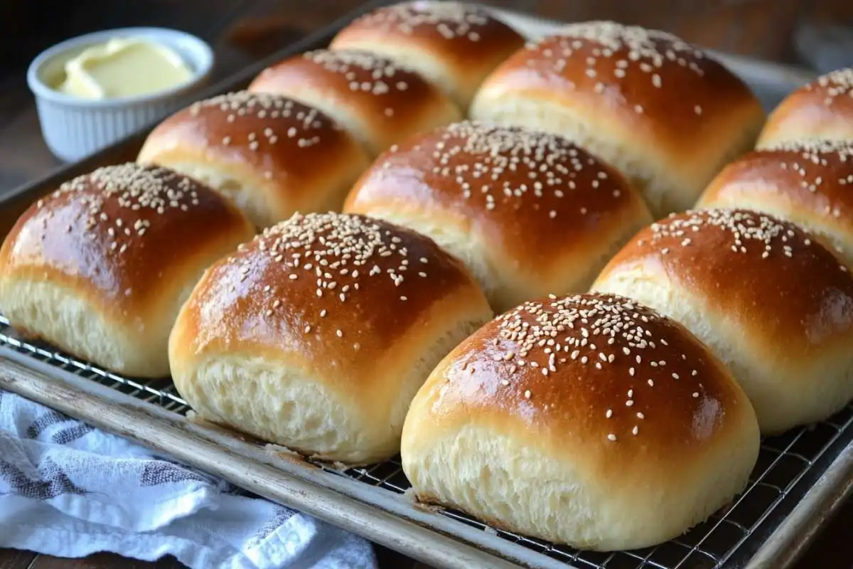 Freshly baked sourdough rolls cooling on a wire rack, with a golden crust and sesame seed topping.