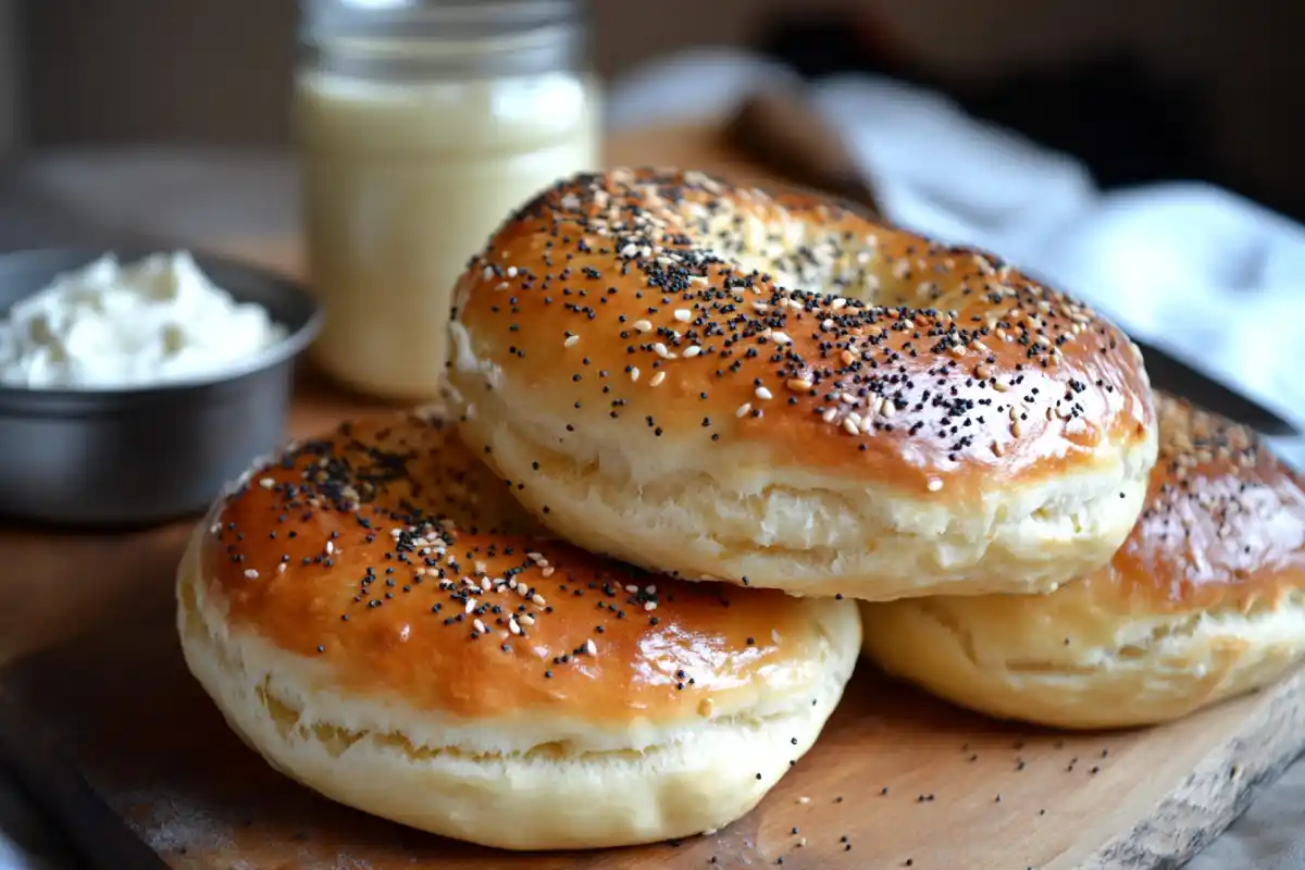 Freshly baked sourdough discard bagels on a wooden board with sesame and poppy seed toppings.