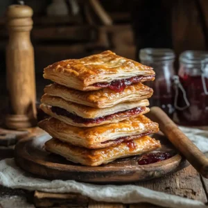 A rustic close-up of sourdough discard pop tarts drizzled with glaze, surrounded by fresh strawberries and a small bowl of jam.
