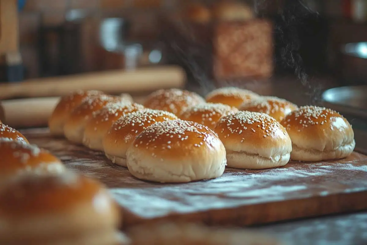 Golden sourdough discard hamburger buns on a wooden board.