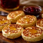 Freshly cooked sourdough crumpets with melted butter on a wooden board, surrounded by honey, jam, and butter.