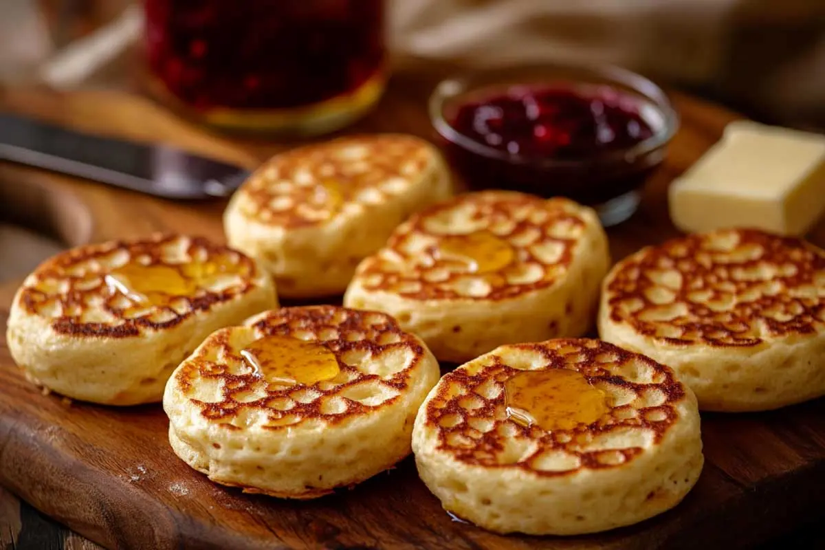 Freshly cooked sourdough crumpets with melted butter on a wooden board, surrounded by honey, jam, and butter.