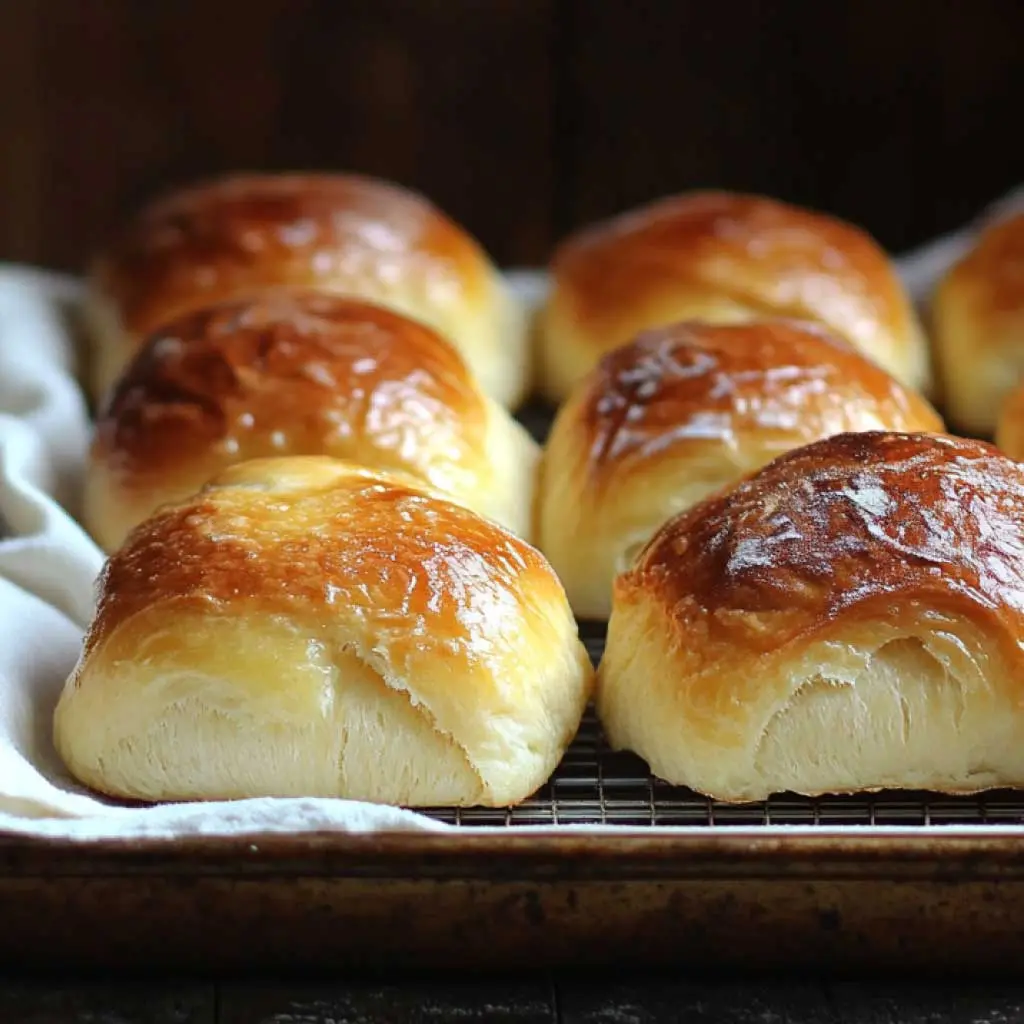 Golden-brown sourdough rolls on a wire rack, with a linen towel and a small dish of butter.