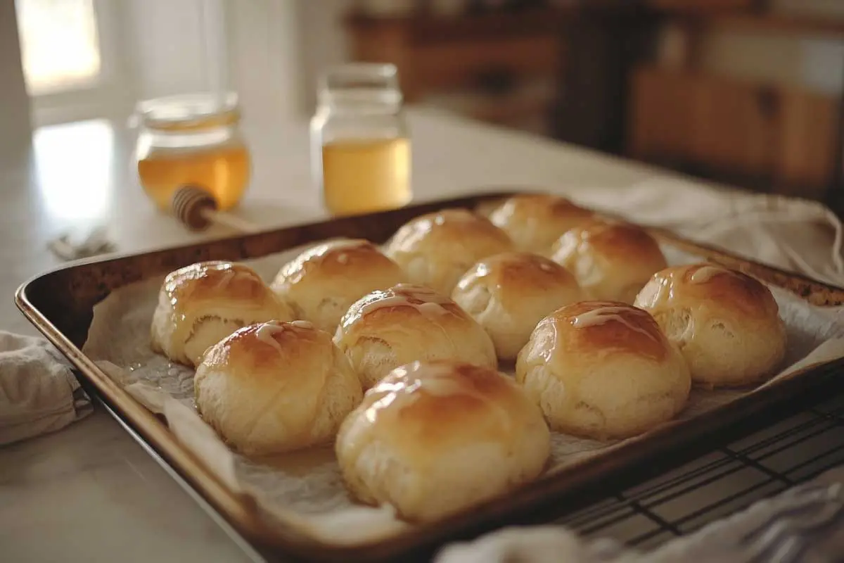 Golden-Sourdough-Rolls-Oven Golden sourdough rolls on a baking sheet, fresh out of the oven and ready to serve.