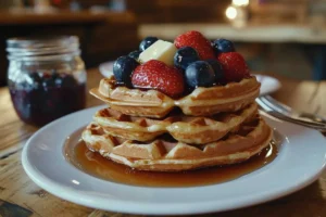 Olivia Wells – Founder & Editor 4 A stack of sourdough discard waffles topped with butter, syrup, and fresh berries.