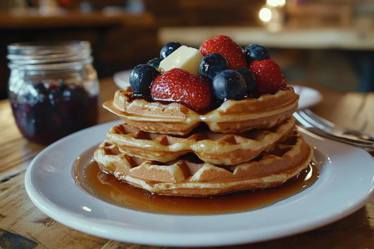 A stack of sourdough discard waffles topped with butter, syrup, and fresh berries.