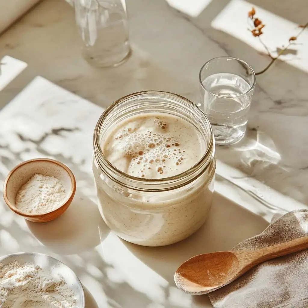Jar of active sourdough starter bubbling over on a clean kitchen countertop with feeding tools nearby.