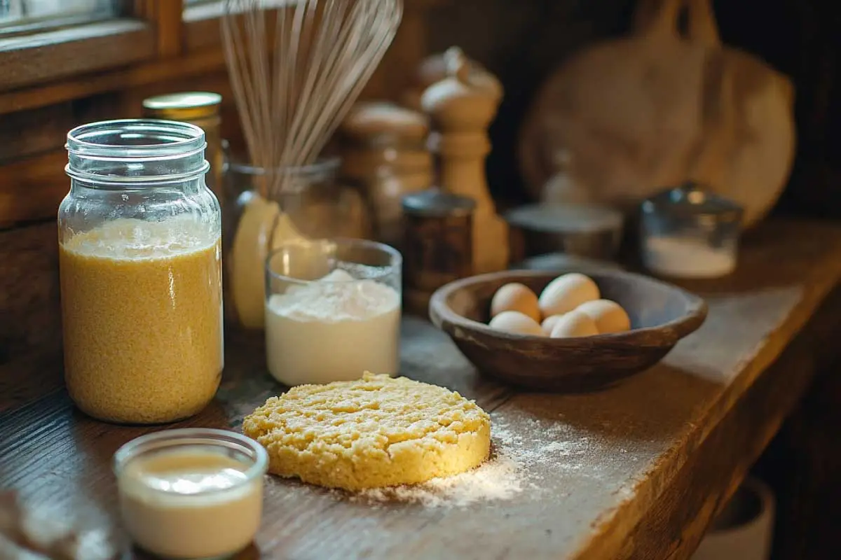 Ingredients for sourdough discard cornbread ready for mixing.