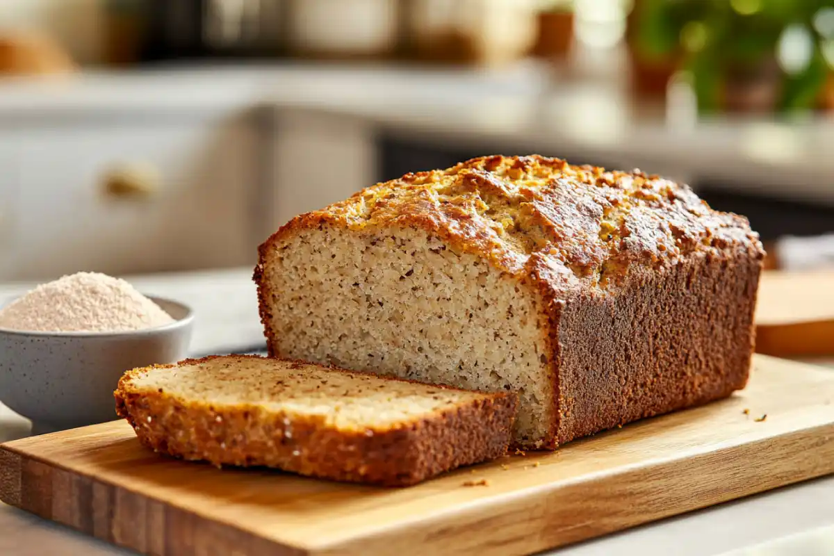 A keto sourdough bread loaf with an airy crumb and golden crust, sliced on a rustic wooden board.