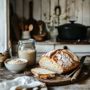 A complete kitchen scene showing all the steps of making keto sourdough bread, from the starter to the freshly baked loaf.