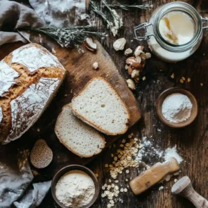 Keto sourdough bread with fresh ingredients on a rustic table.