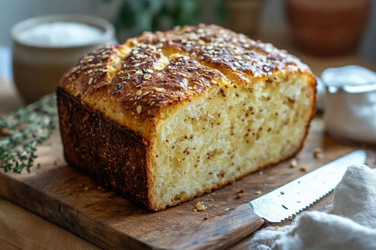 Freshly baked keto sourdough bread with key ingredients.