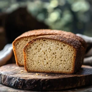 A close-up of a loaf of sourdough bread sliced in half, showing its soft, airy crumb and golden crust, placed on a rustic wooden board.