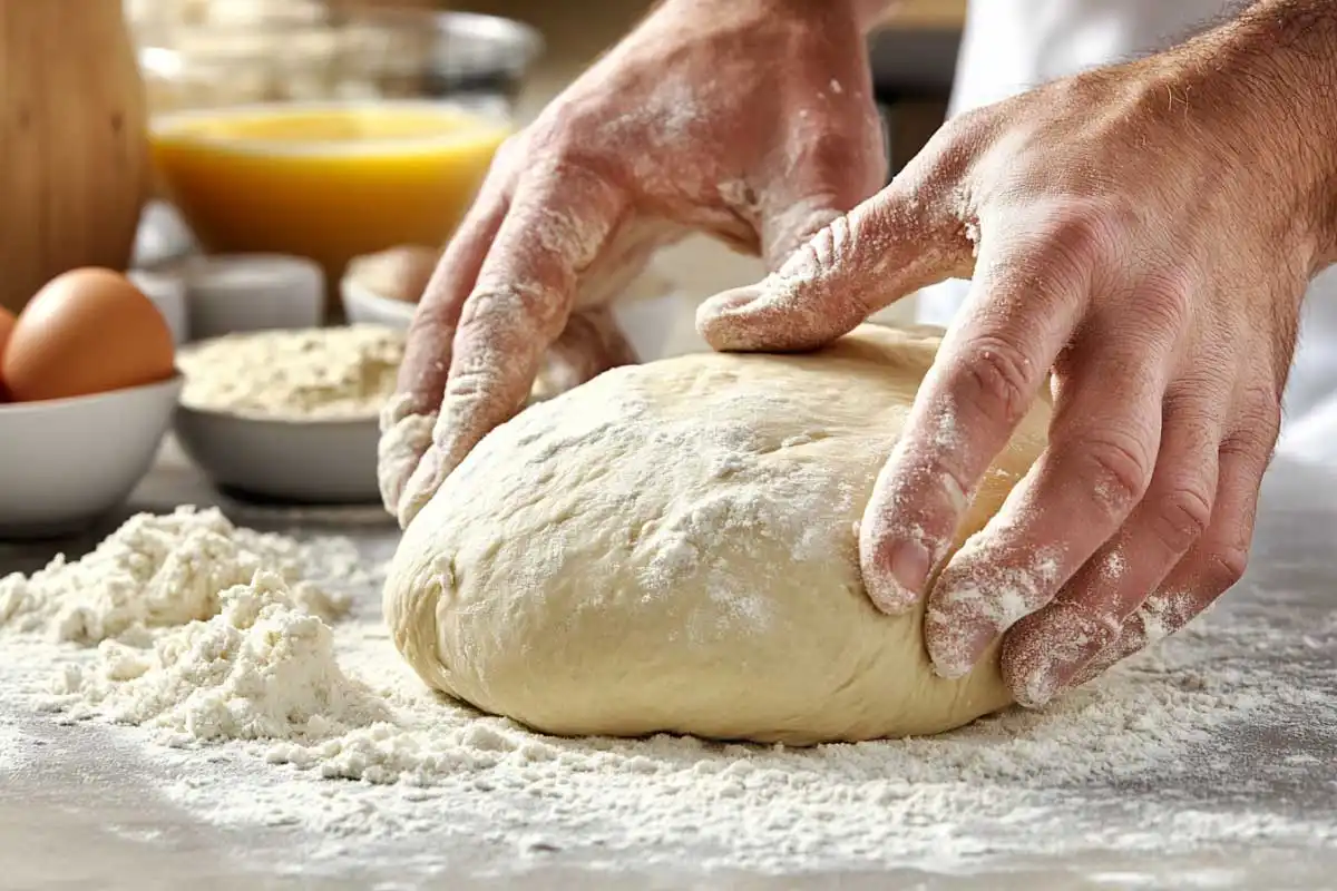 Kneading-Dough-Sourdough-Process Hands kneading sourdough discard dough on a floured surface.