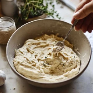 Garlic powder measured into a teaspoon, ready to be added to sourdough dough in a mixing bowl.