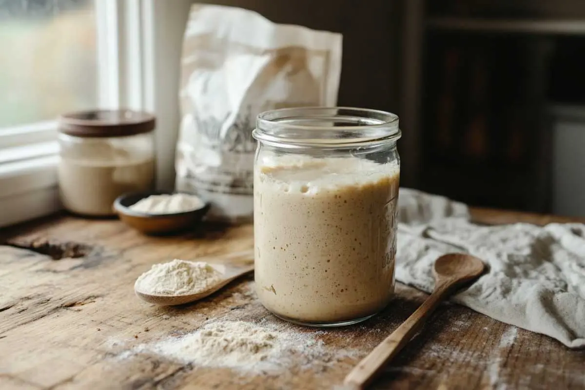 A jar of organic sourdough starter in its early stage with a wooden spoon and whole wheat flour on a rustic countertop.