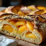 A sliced sourdough loaf filled with vibrant, juicy peach slices, resting on a wooden board with a soft cloth nearby.