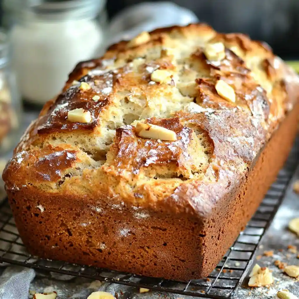 Sourdough banana bread batter being poured into a lined loaf pan, surrounded by baking tools.