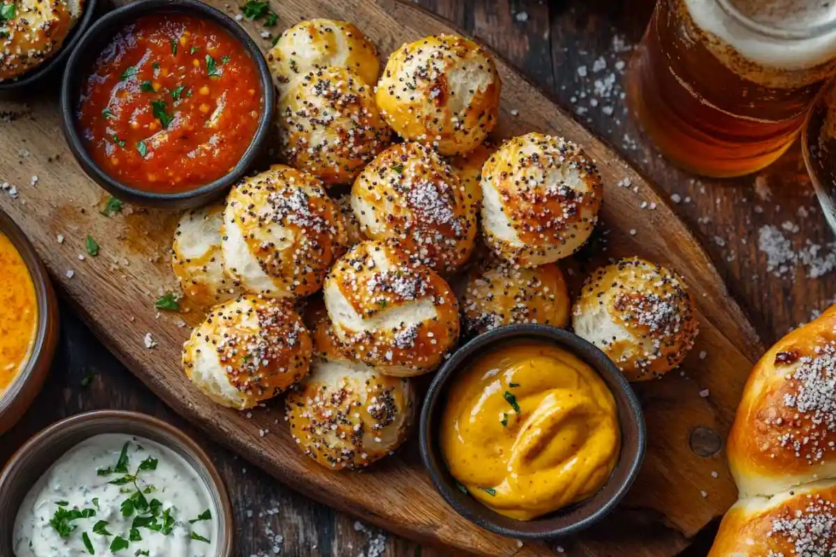 Pretzel-Bites-With-Dips Sourdough discard pretzel bites served with dips on a wooden platter.