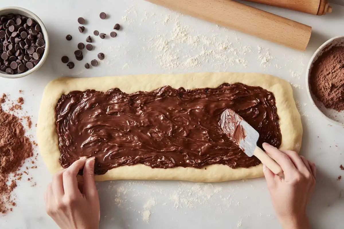 Rolling-and-Filling-Babka-Dough Baker spreading chocolate filling on rolled-out sourdough babka dough.