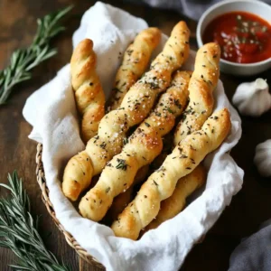 A basket of golden sourdough discard breadsticks with marinara sauce, rosemary, and garlic on a wooden table.